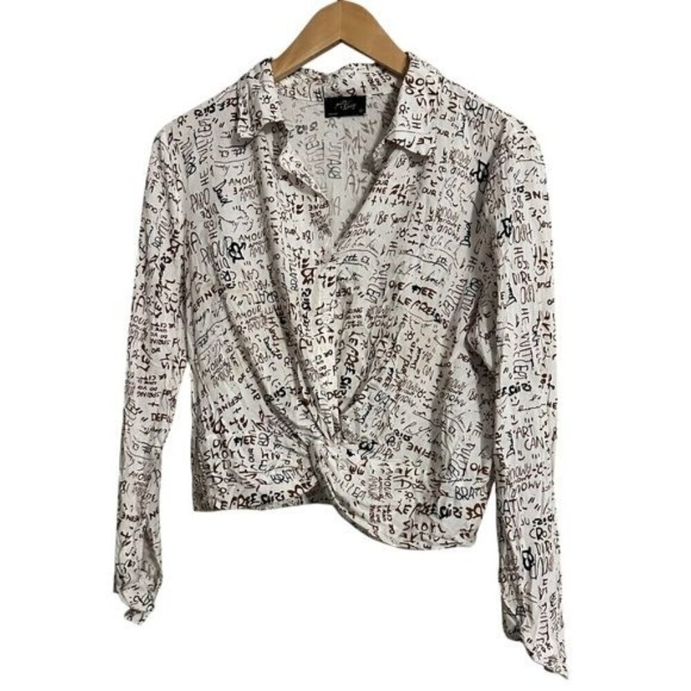 Milk & Honey print crop front twist dress shirt size medium